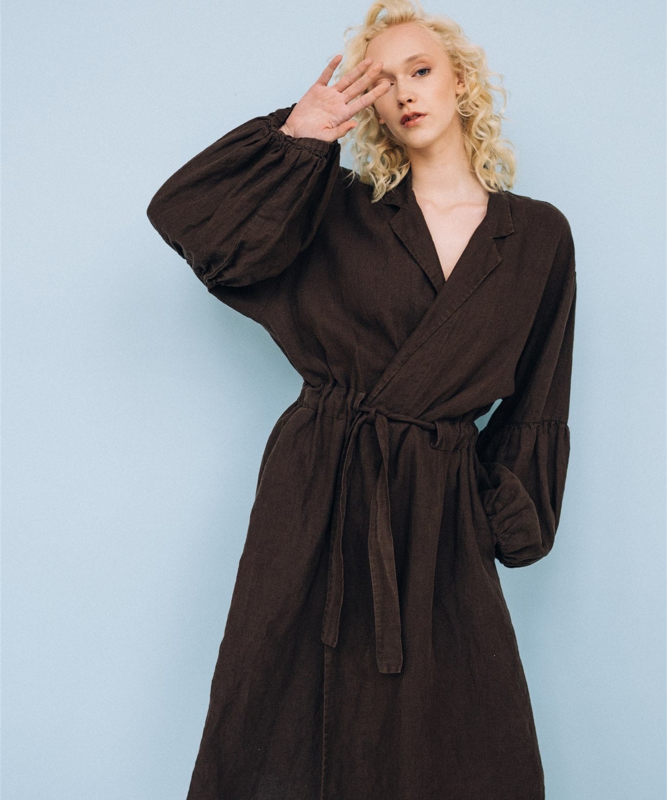 BOO wrap coat with puff sleeves espresso - MOO Linen Shop