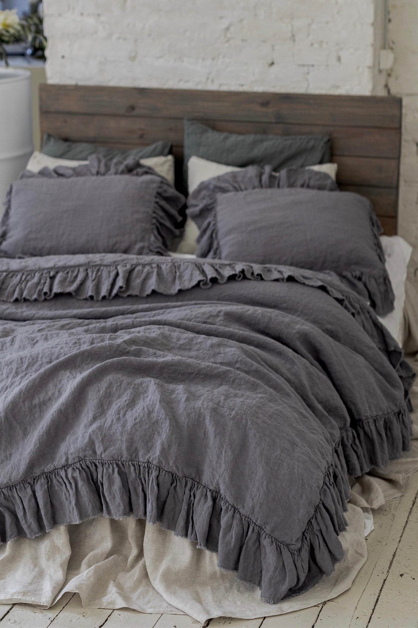 Mooshop Sz Full Grey 100% Linen Ruffle Duvet shops Cover