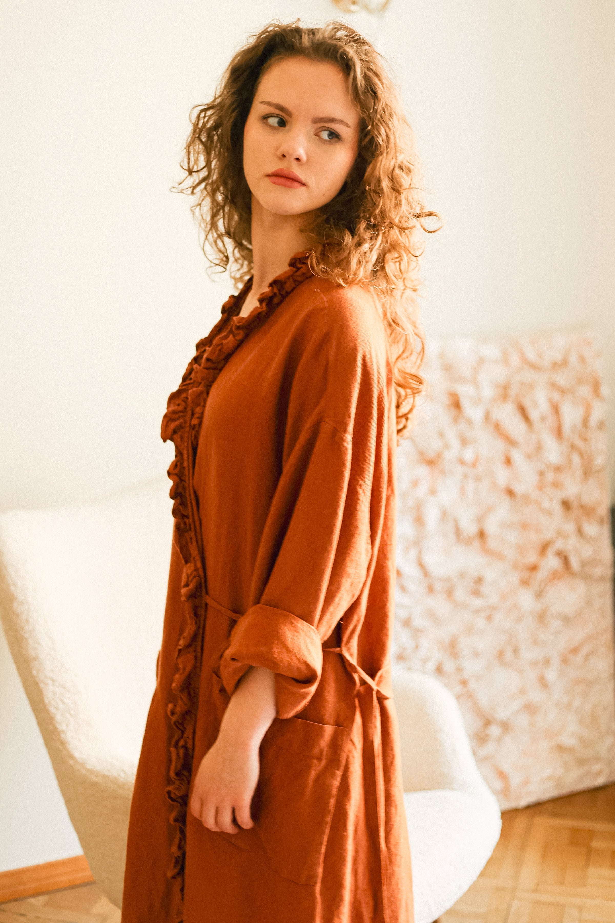 ADELE wrap dress robe AUTUMN colors beige - MOO Linen Shop