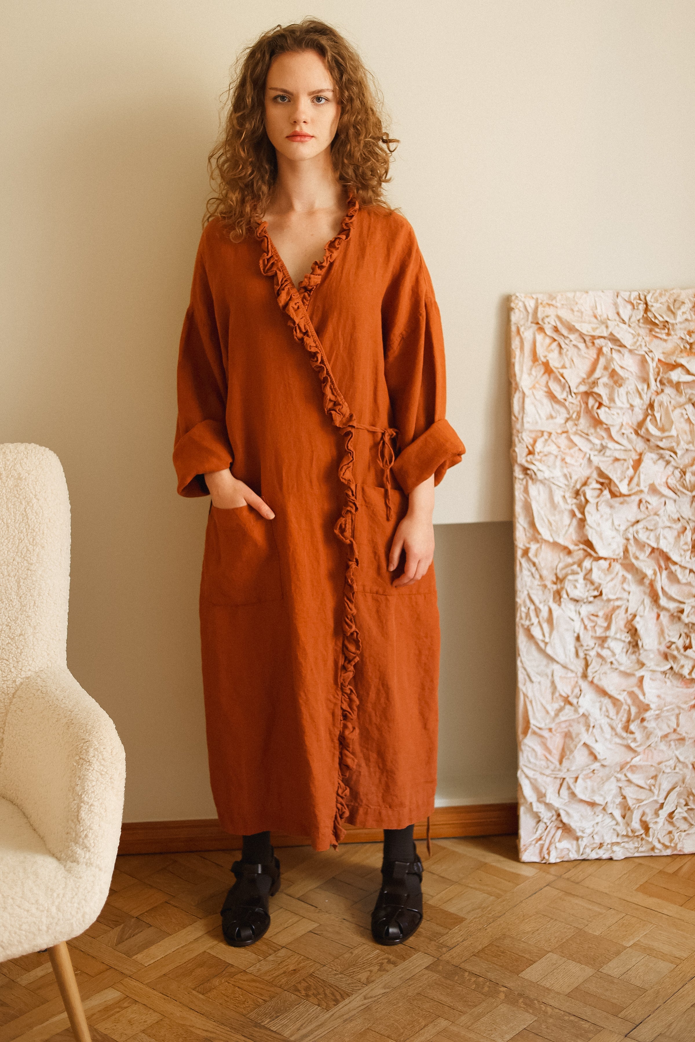 ADELE wrap dress robe AUTUMN colors beige - MOO Linen Shop