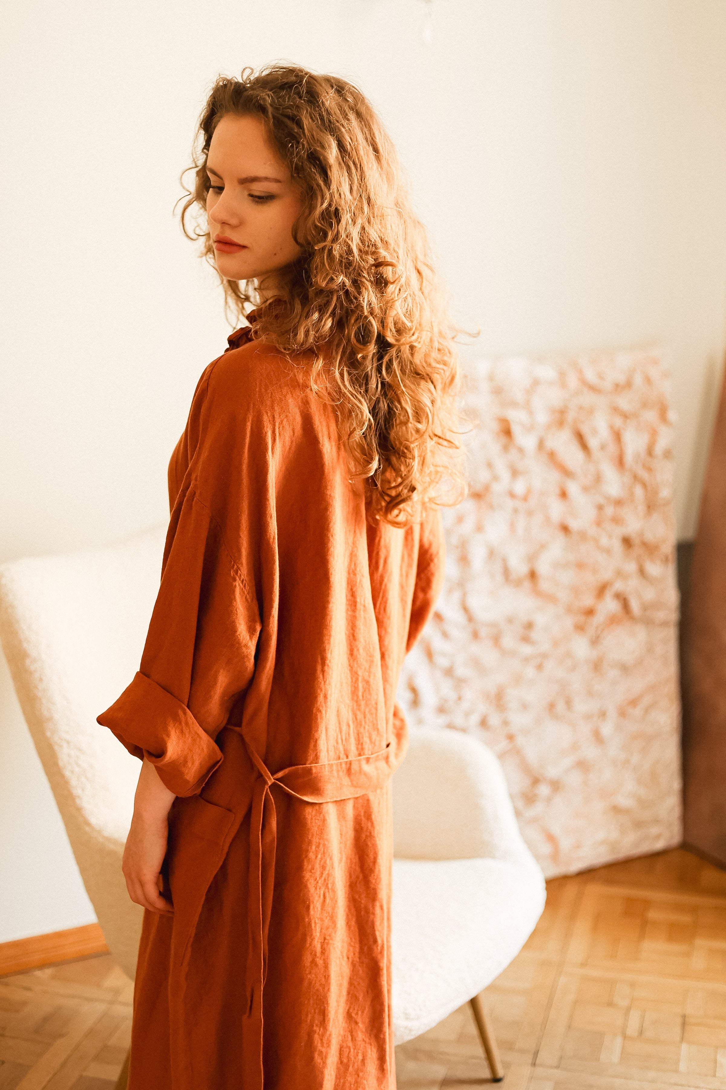 ADELE wrap dress robe AUTUMN colors beige - MOO Linen Shop