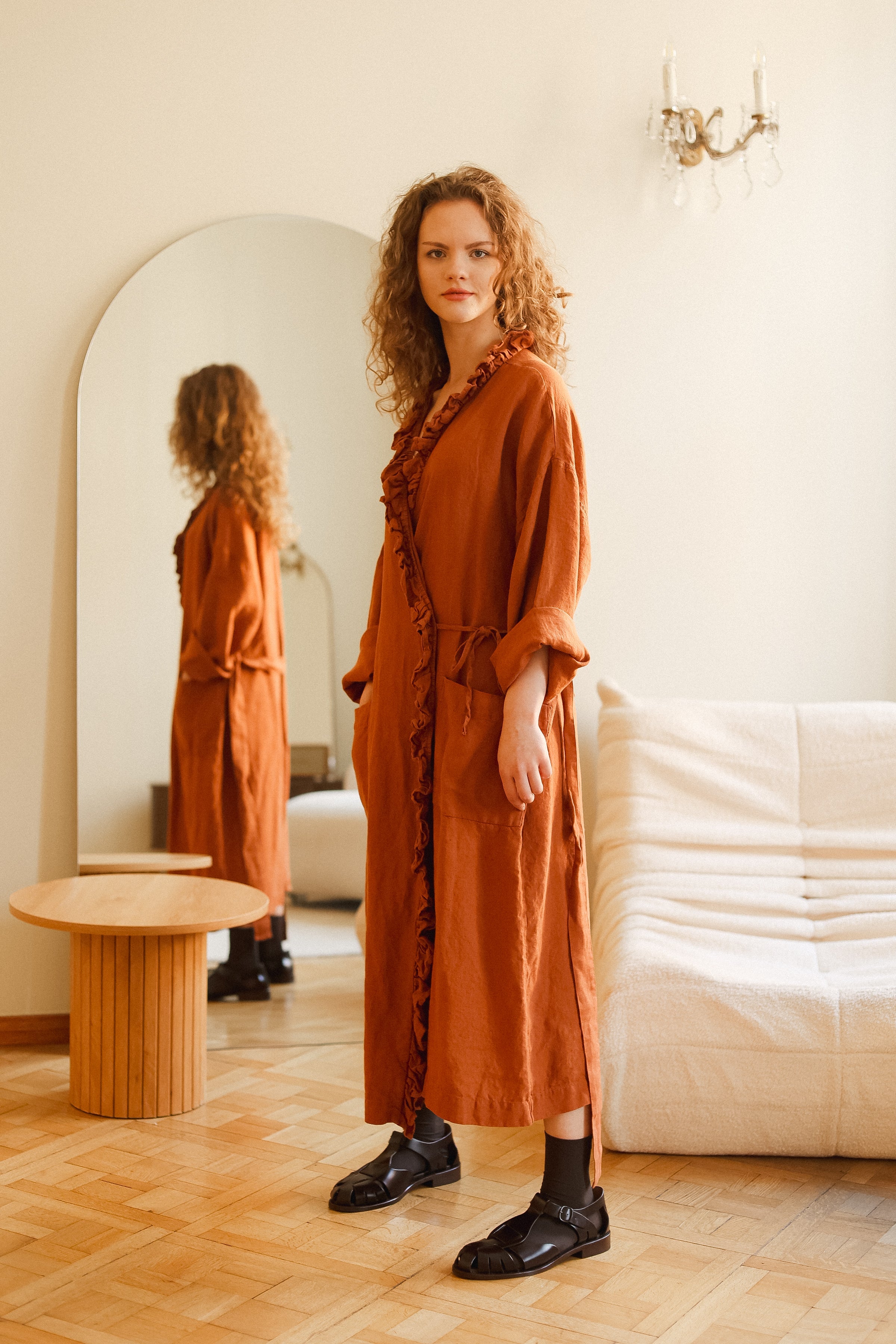 ADELE wrap dress robe AUTUMN colors beige - MOO Linen Shop