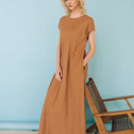ANNA maxi bias cut dress camel - MOO Linen Shop