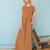 ANNA maxi bias cut dress camel - MOO Linen Shop