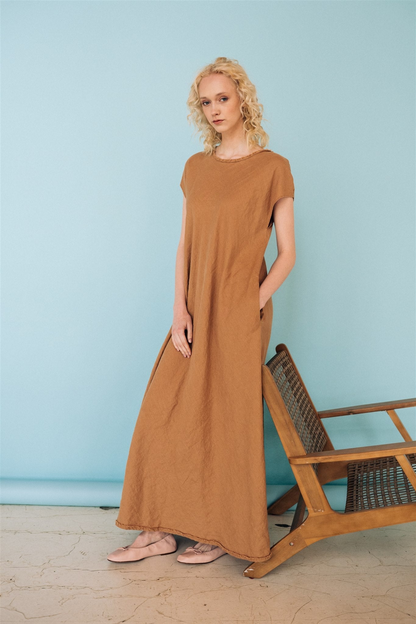 ANNA maxi bias cut dress camel - MOO Linen Shop