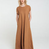 ANNA maxi bias cut dress camel - MOO Linen Shop