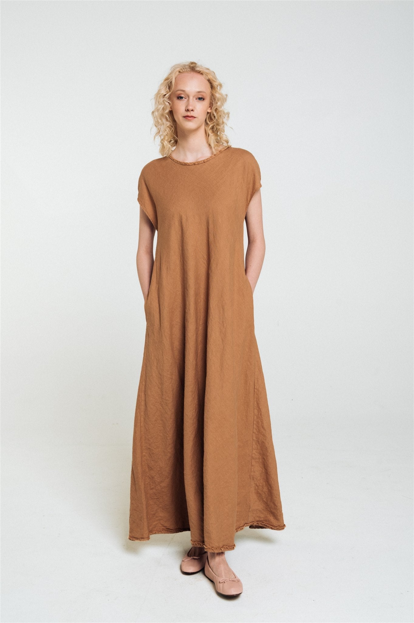 ANNA maxi bias cut dress camel - MOO Linen Shop