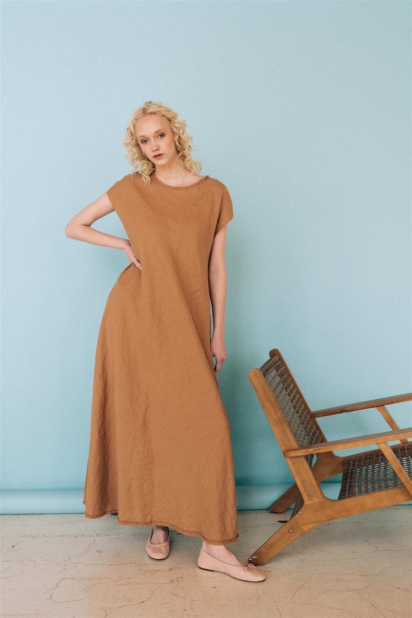 ANNA maxi bias cut dress camel - MOO Linen Shop
