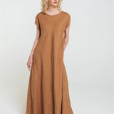 ANNA maxi bias cut dress camel - MOO Linen Shop
