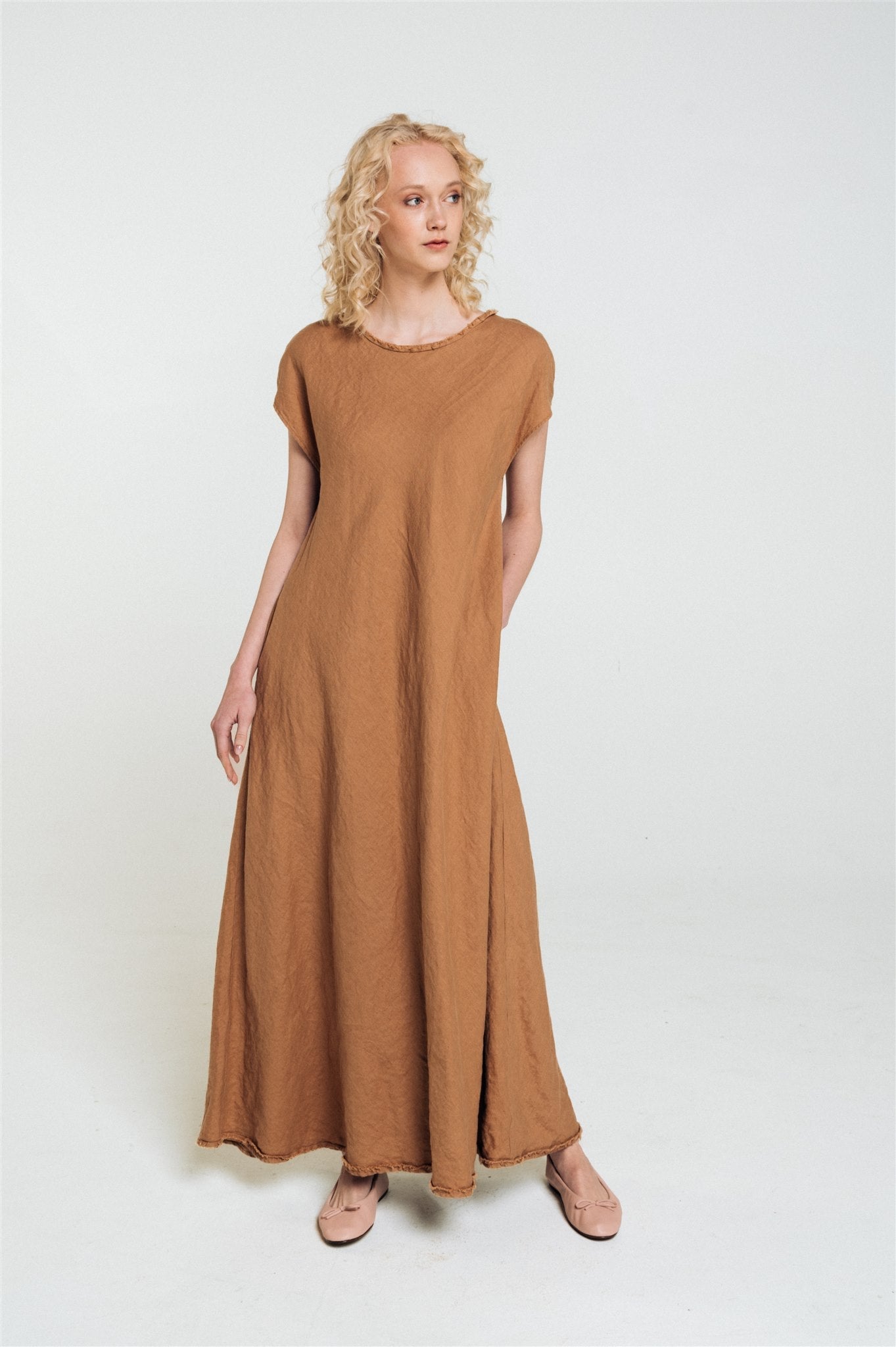 ANNA maxi bias cut dress camel - MOO Linen Shop