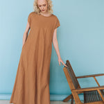 ANNA maxi bias cut dress camel - MOO Linen Shop