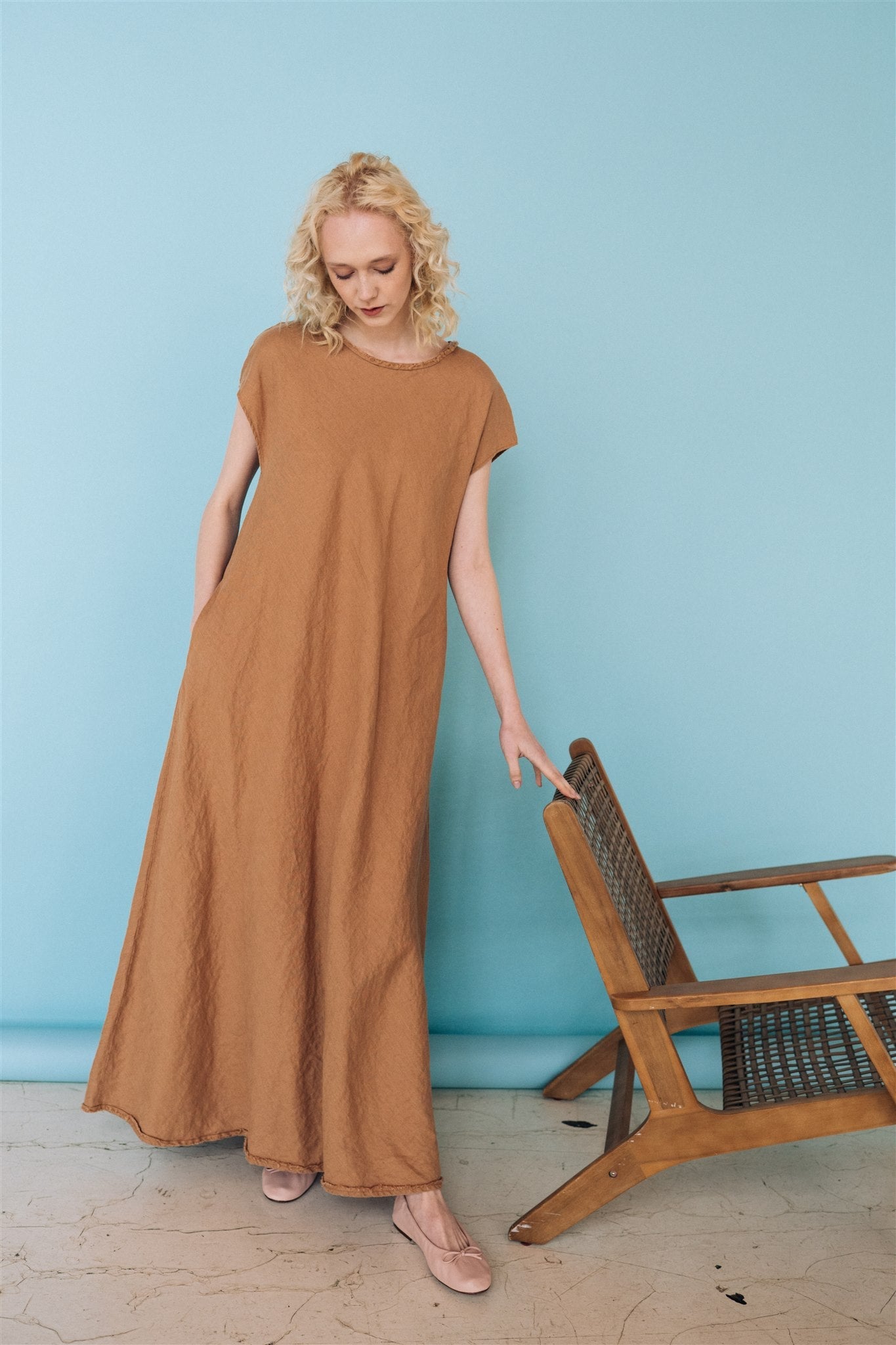 ANNA maxi bias cut dress camel - MOO Linen Shop