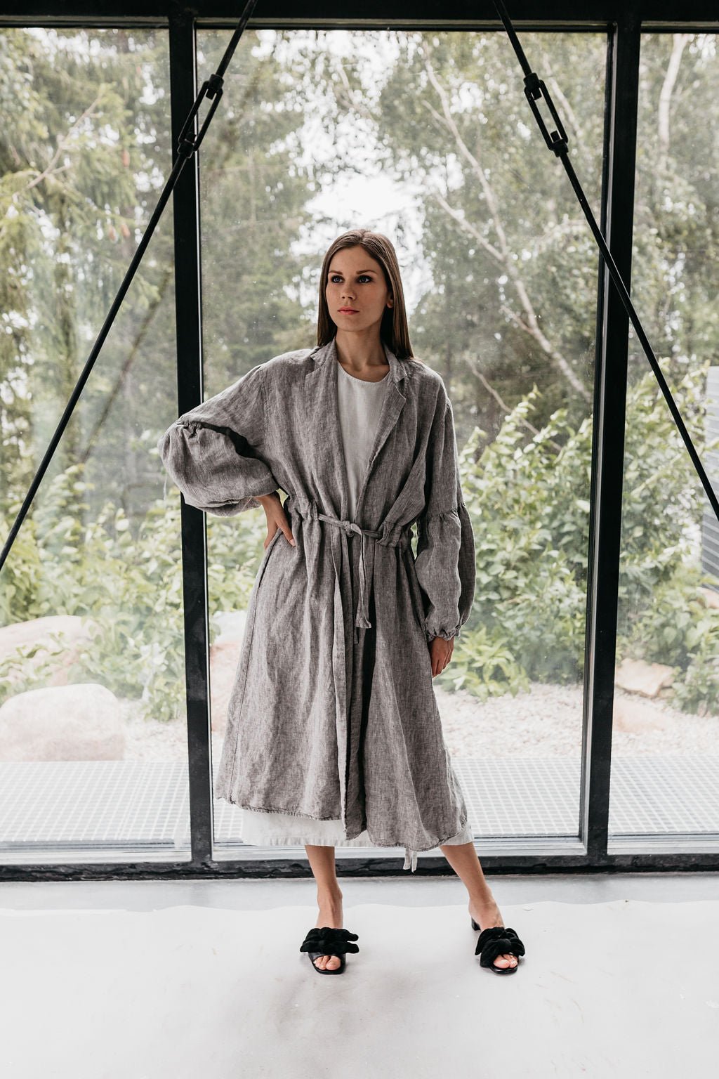 BOO wrap coat with puff sleeves havanna - MOO Linen Shop