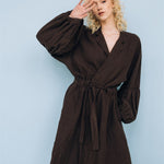 BOO wrap coat with puff sleeves espresso - MOO Linen Shop