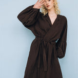 BOO wrap coat with puff sleeves espresso - MOO Linen Shop