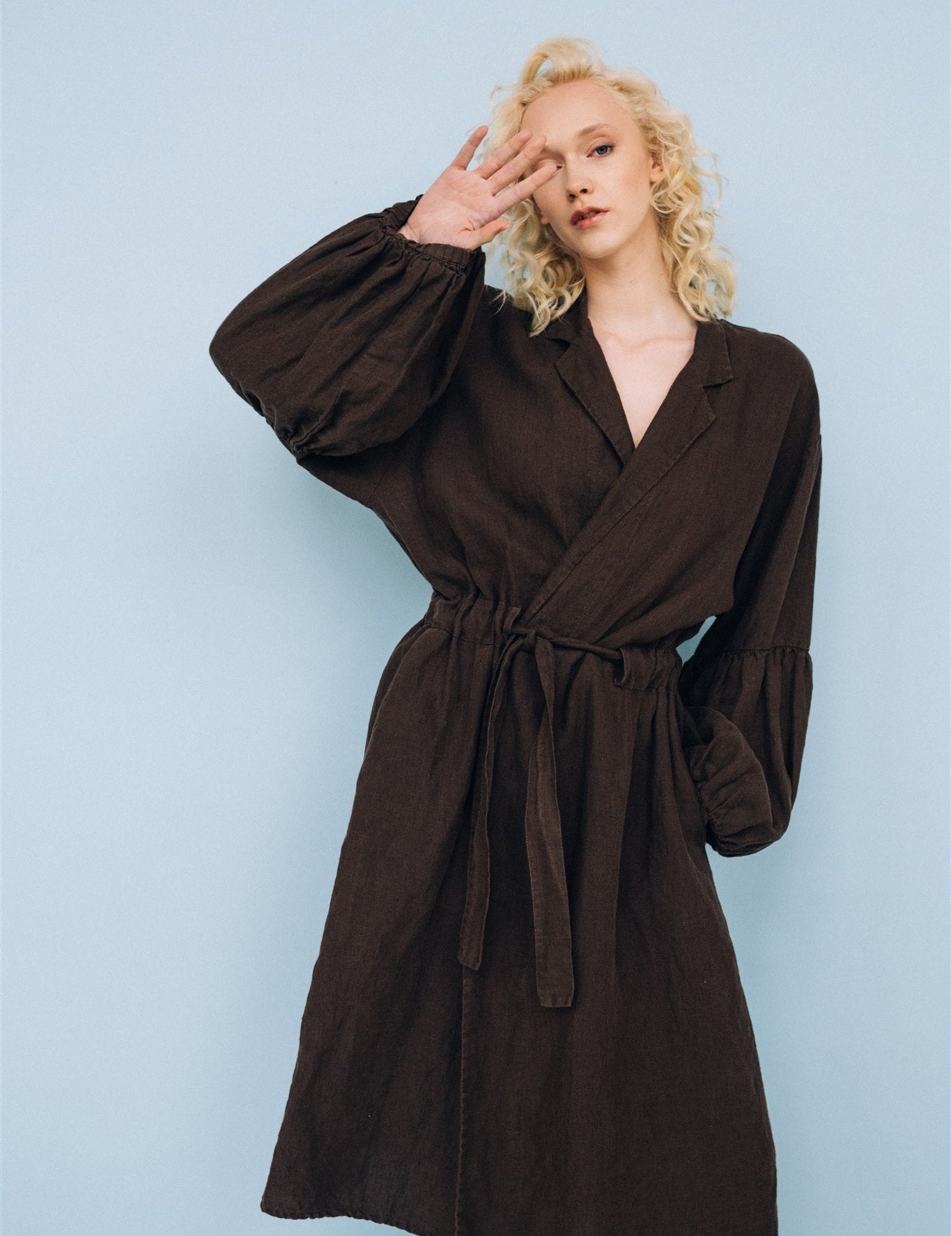 BOO wrap coat with puff sleeves espresso - MOO Linen Shop