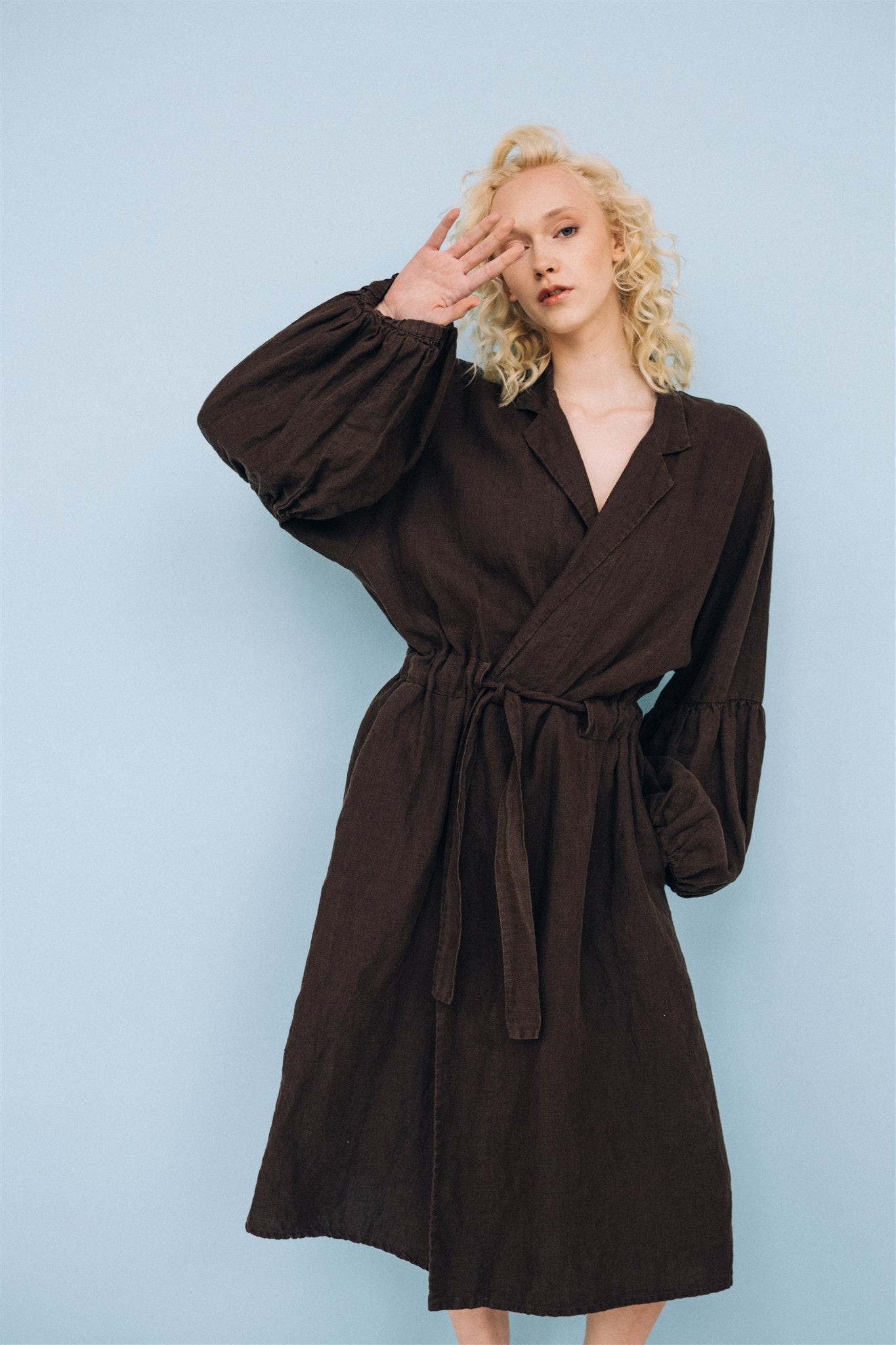 BOO wrap coat with puff sleeves espresso - MOO Linen Shop