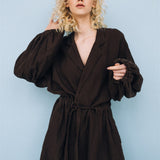 BOO wrap coat with puff sleeves espresso - MOO Linen Shop