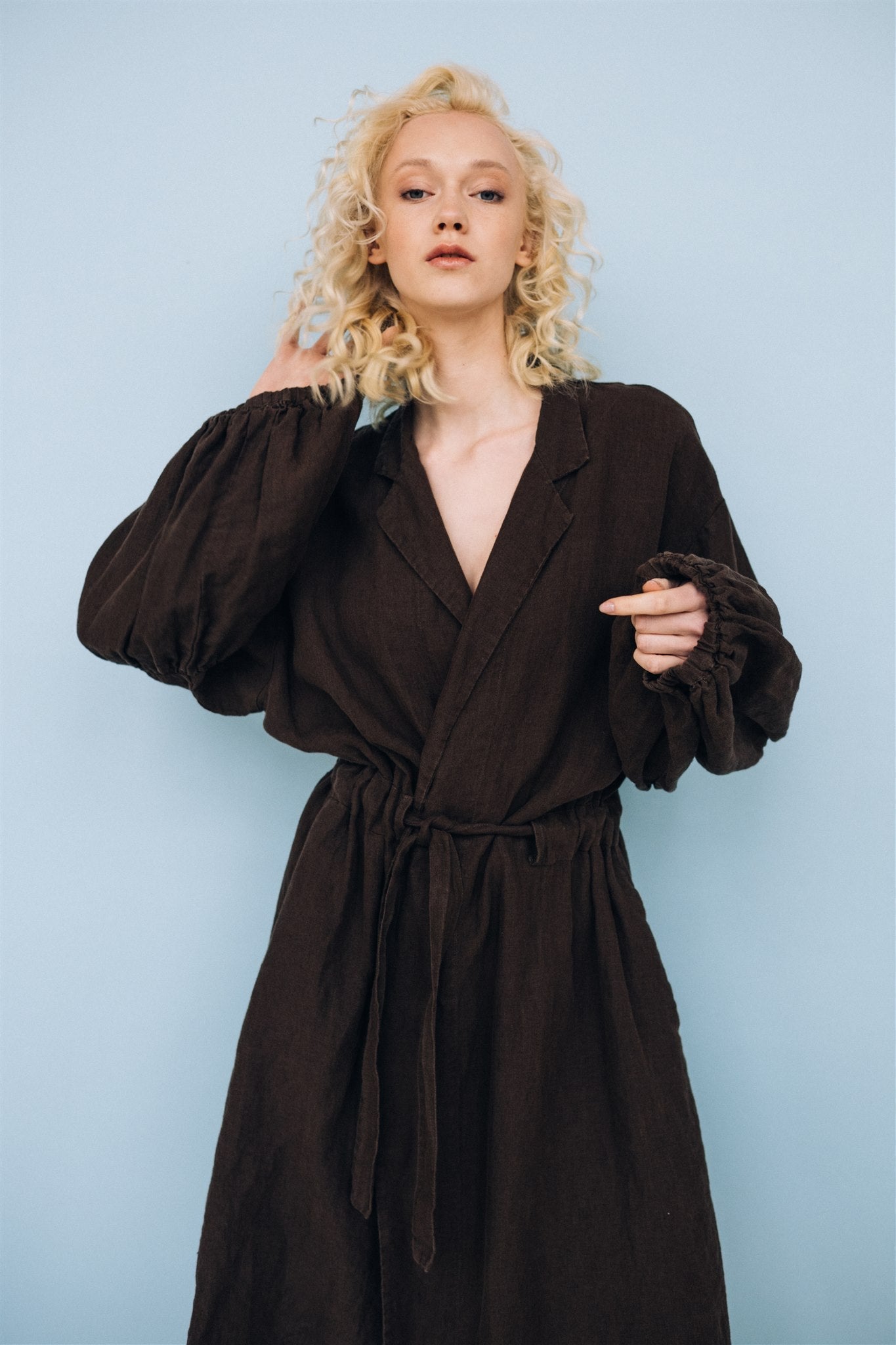 BOO wrap coat with puff sleeves espresso - MOO Linen Shop