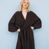 BOO wrap coat with puff sleeves espresso - MOO Linen Shop