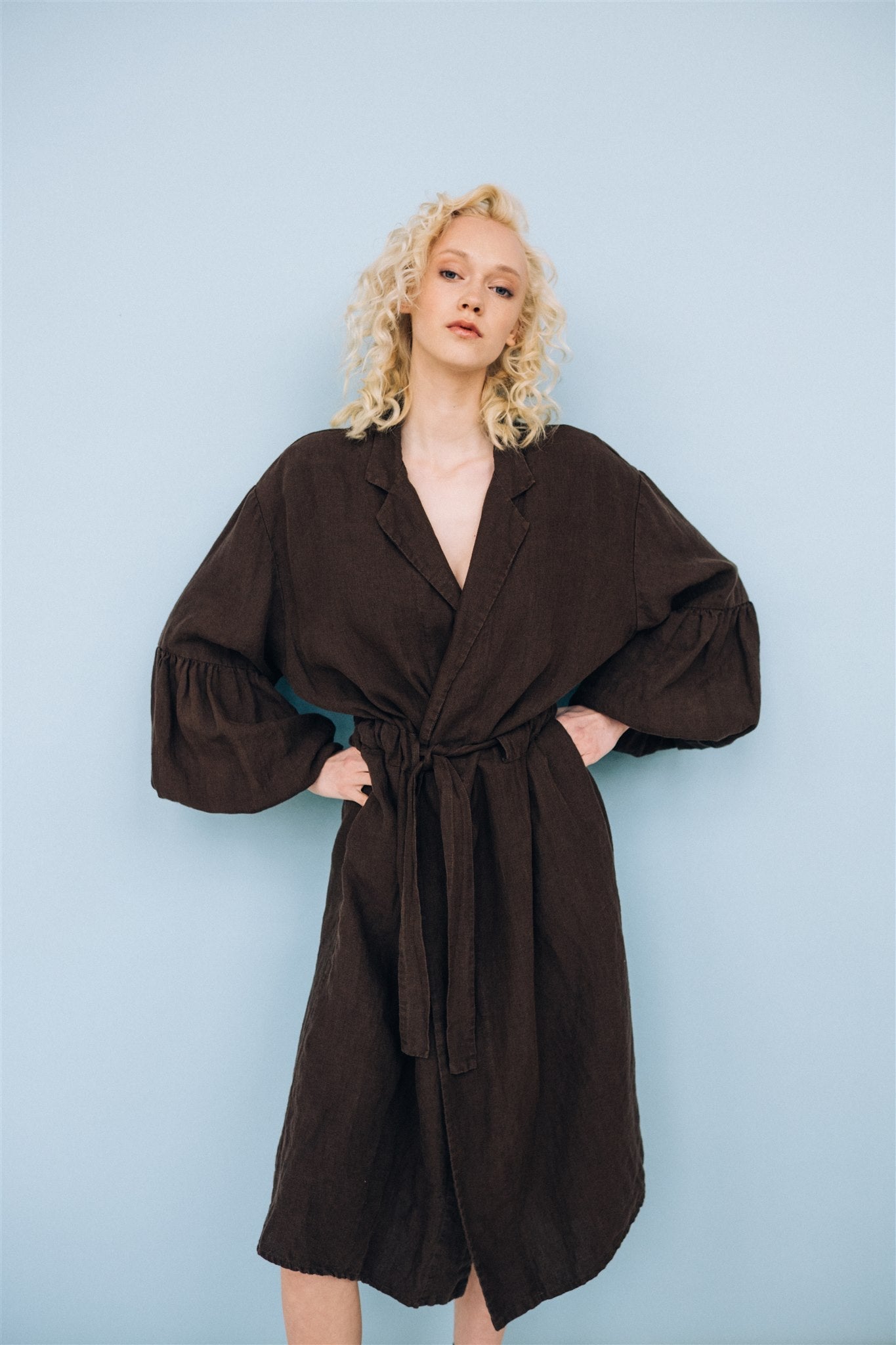 BOO wrap coat with puff sleeves espresso - MOO Linen Shop