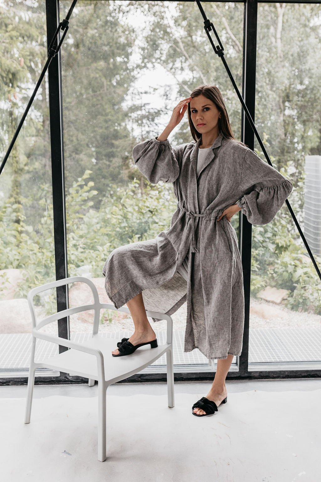 BOO wrap coat with puff sleeves havanna - MOO Linen Shop