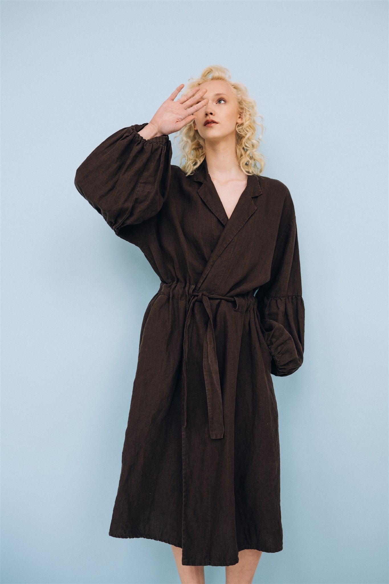 BOO wrap coat with puff sleeves espresso - MOO Linen Shop
