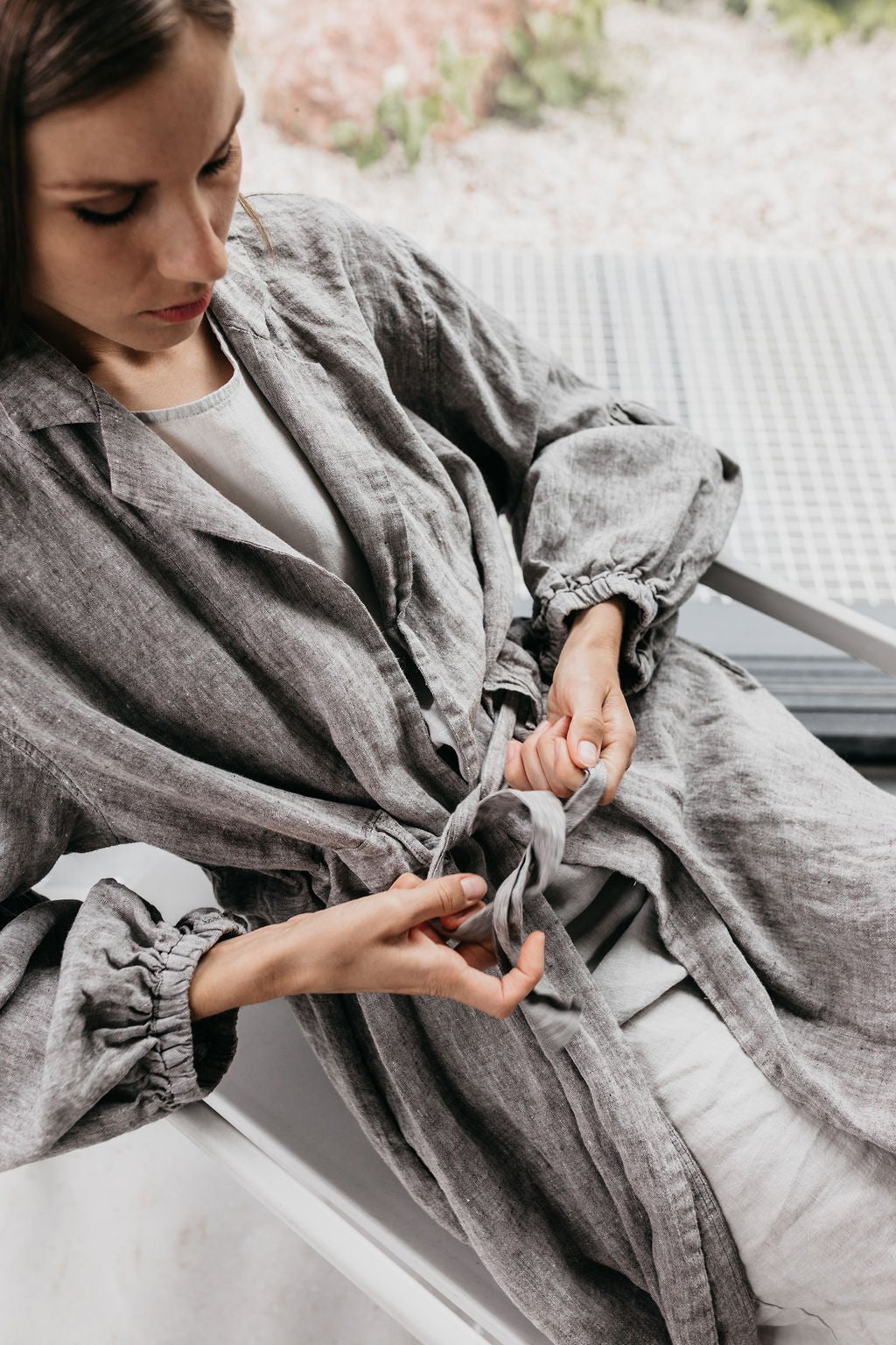 BOO wrap coat with puff sleeves havanna - MOO Linen Shop