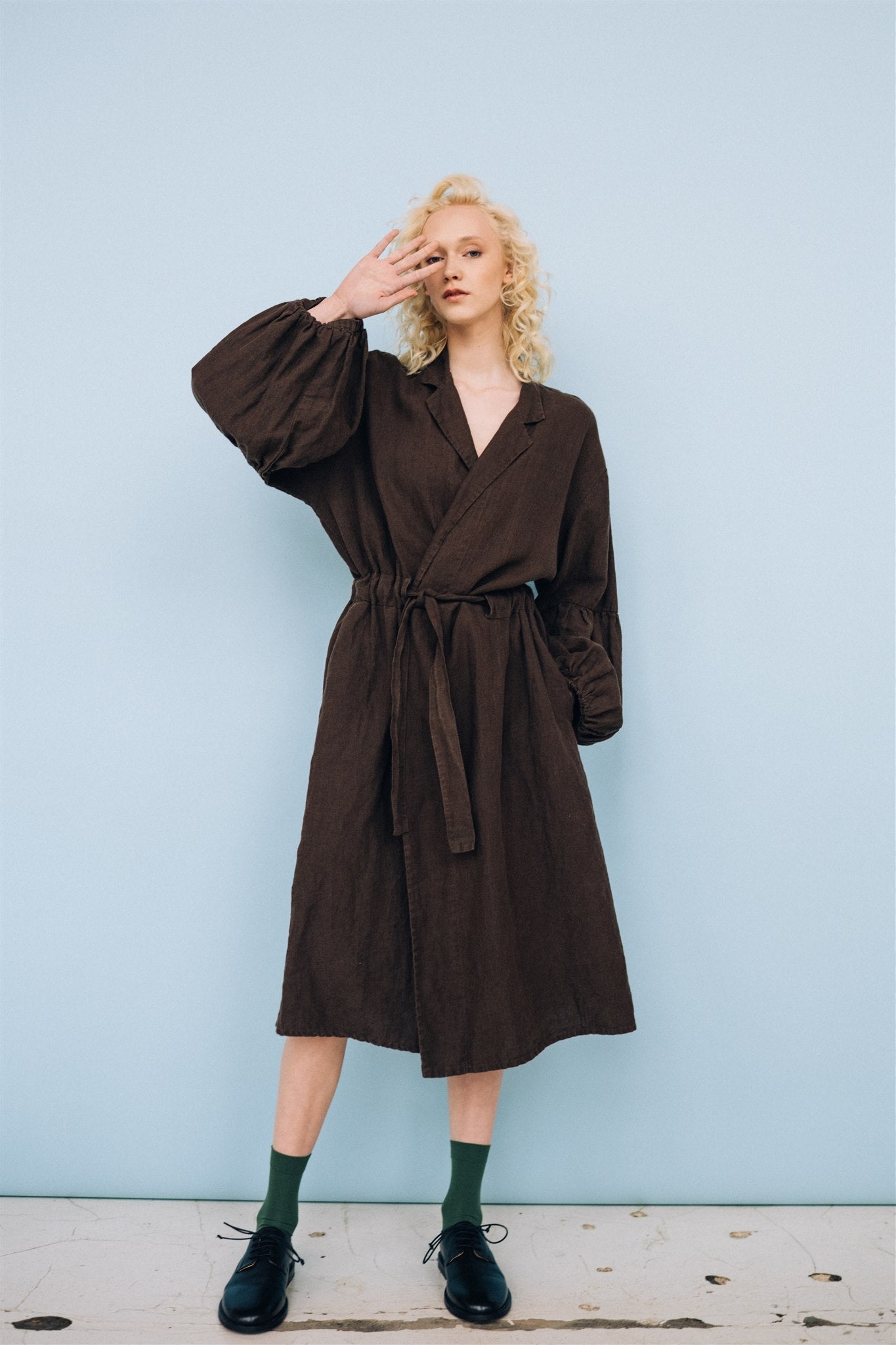 BOO wrap coat with puff sleeves espresso - MOO Linen Shop