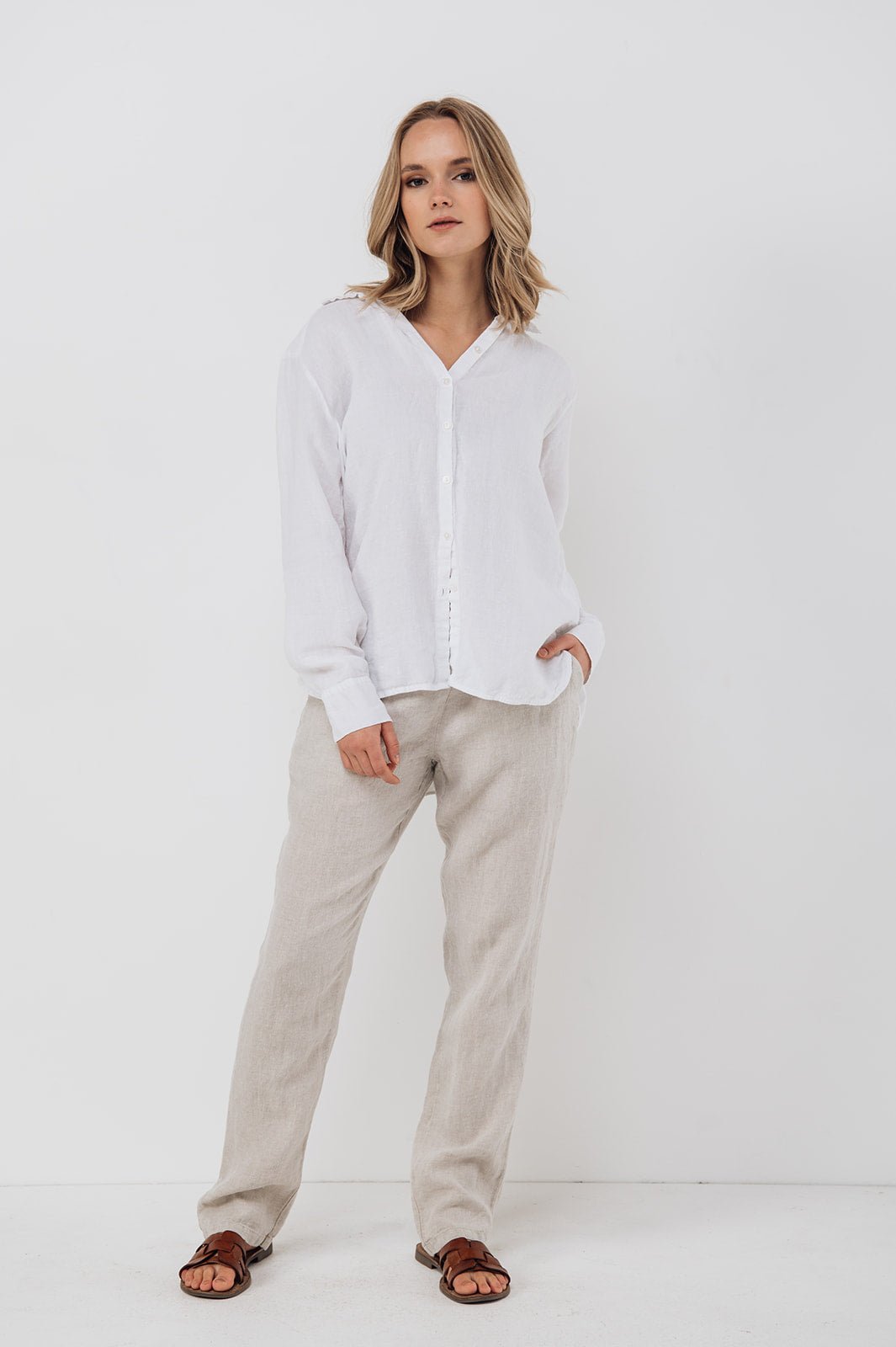 CARLA classic white linen shirt natural linen - MOO Linen Shop