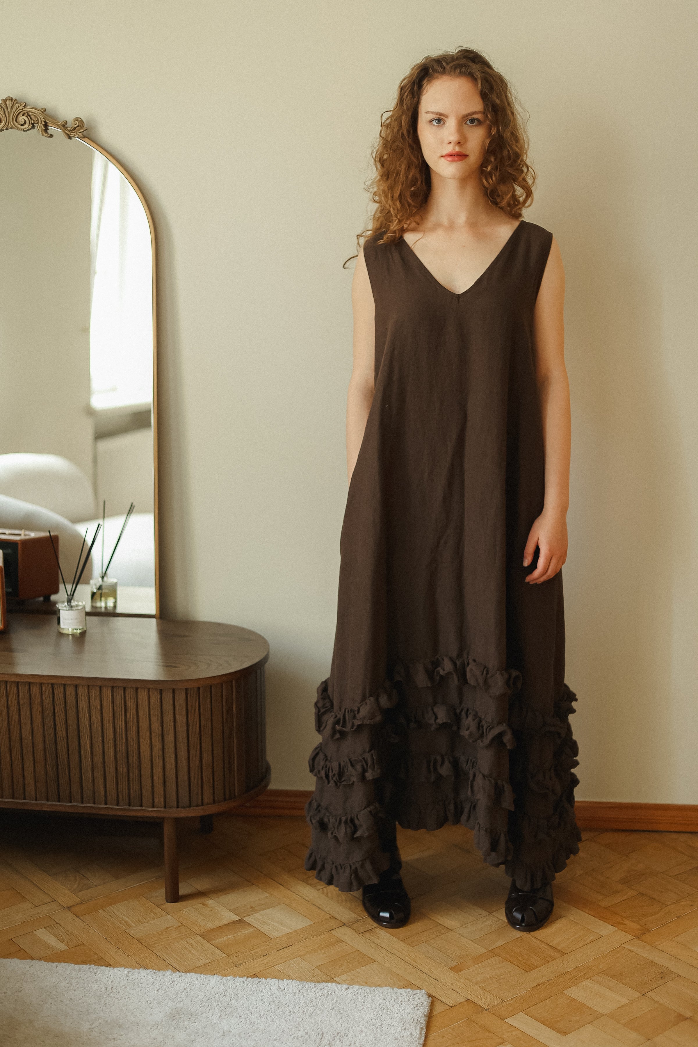 CAROLINE dress Autumn colors espresso - MOO Linen Shop