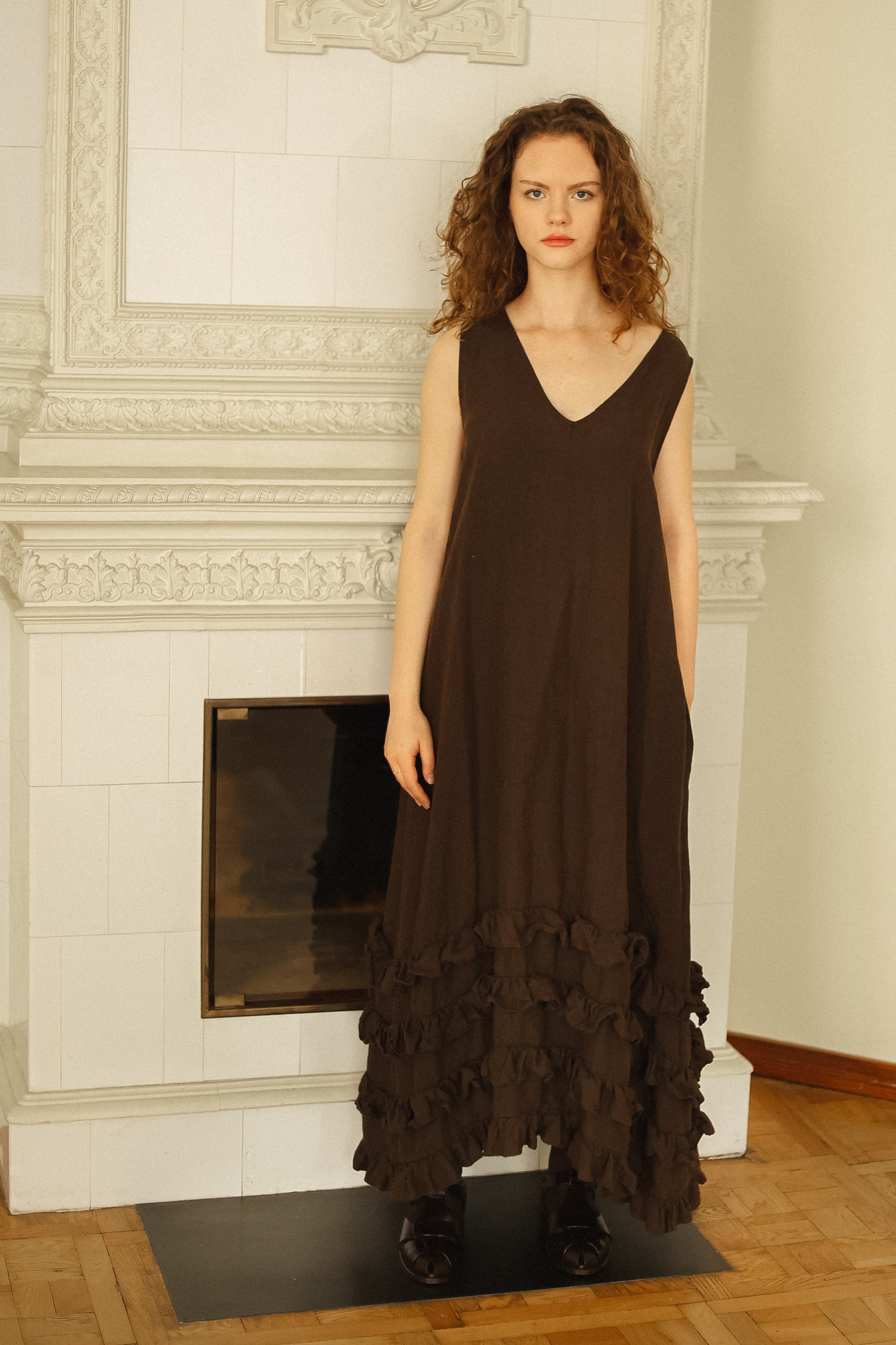 CAROLINE dress Autumn colors espresso - MOO Linen Shop