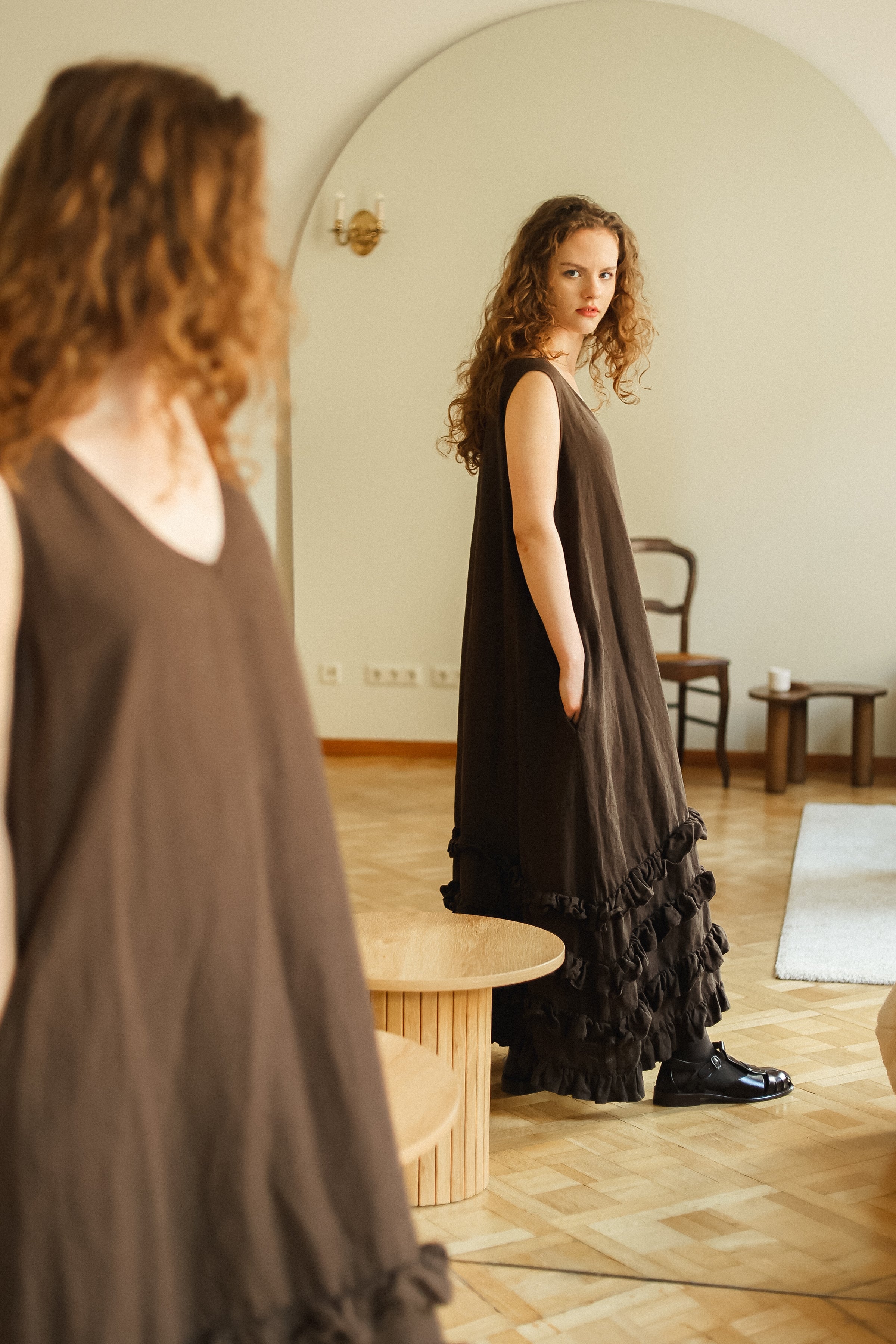 CAROLINE dress Autumn colors espresso - MOO Linen Shop