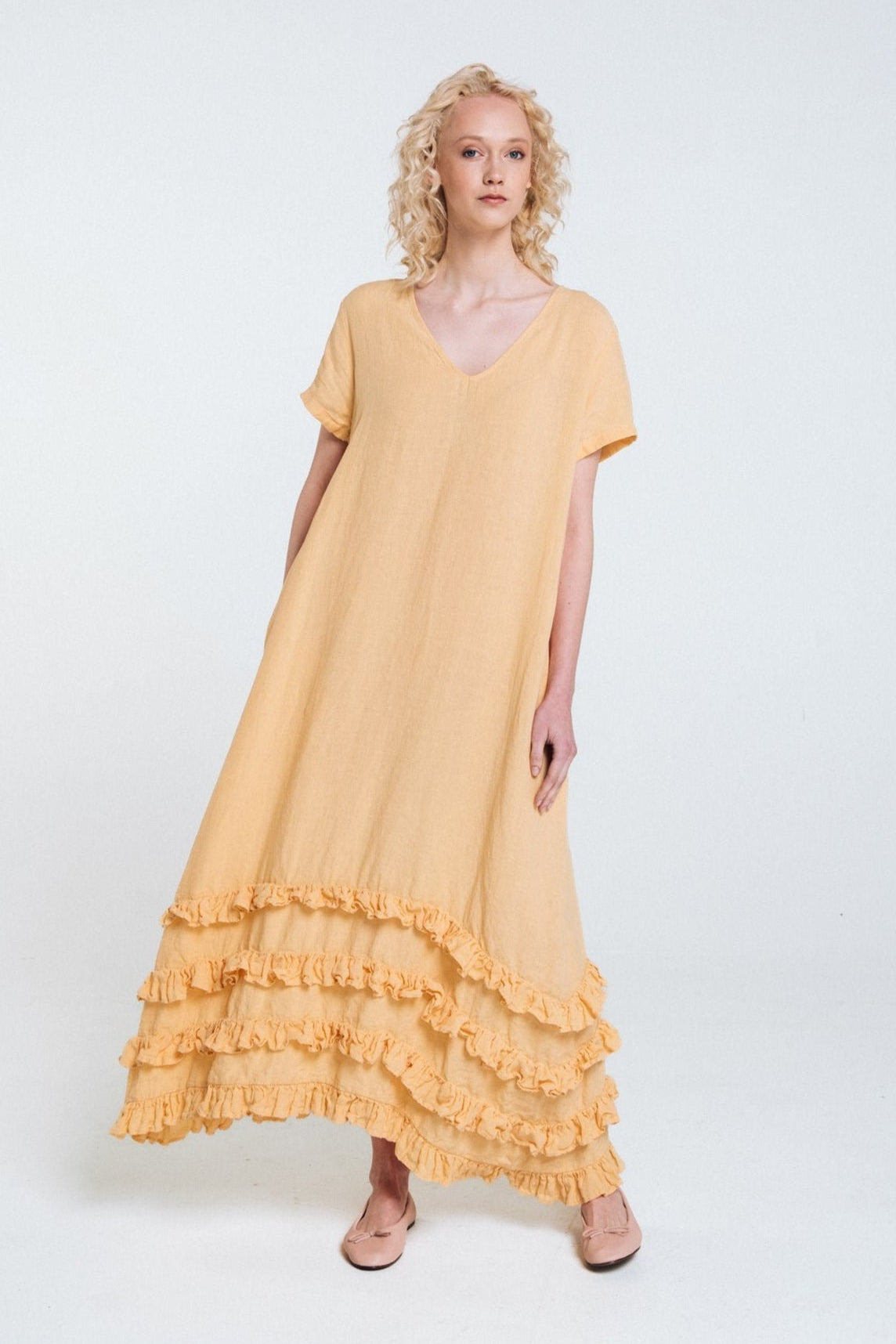 CAROLINE short sleeves maxi dress butter yellow - MOO Linen Shop