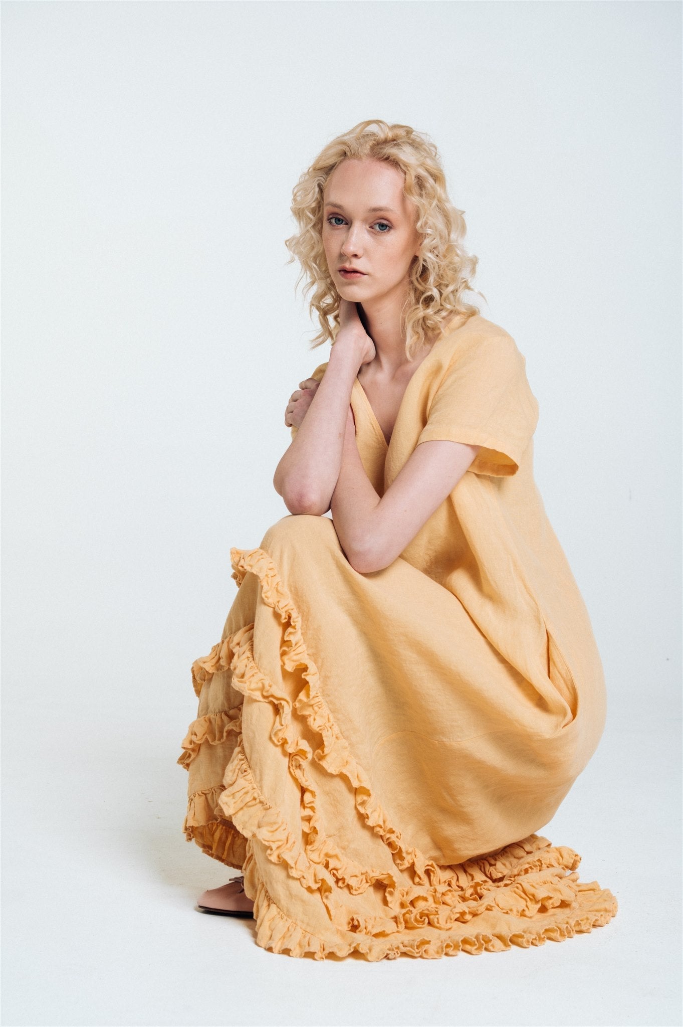 CAROLINE short sleeves maxi dress butter yellow - MOO Linen Shop