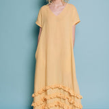 CAROLINE short sleeves maxi dress butter yellow - MOO Linen Shop