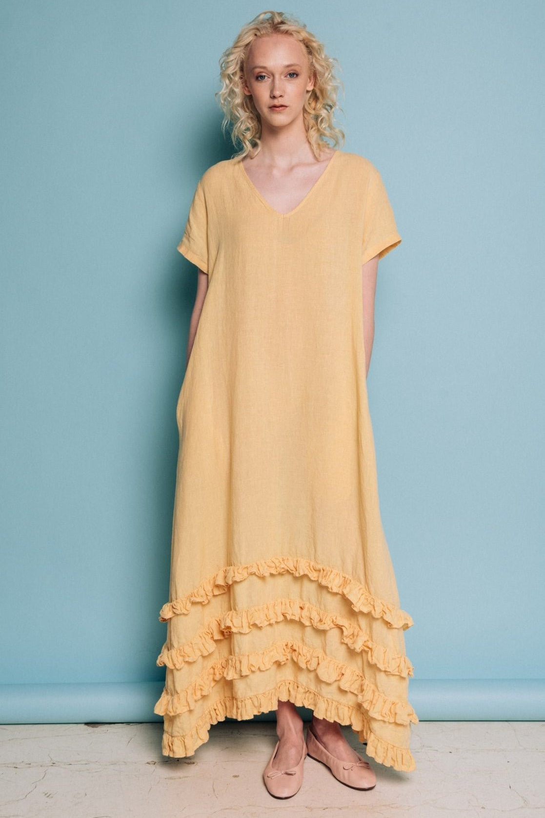 CAROLINE short sleeves maxi dress butter yellow - MOO Linen Shop