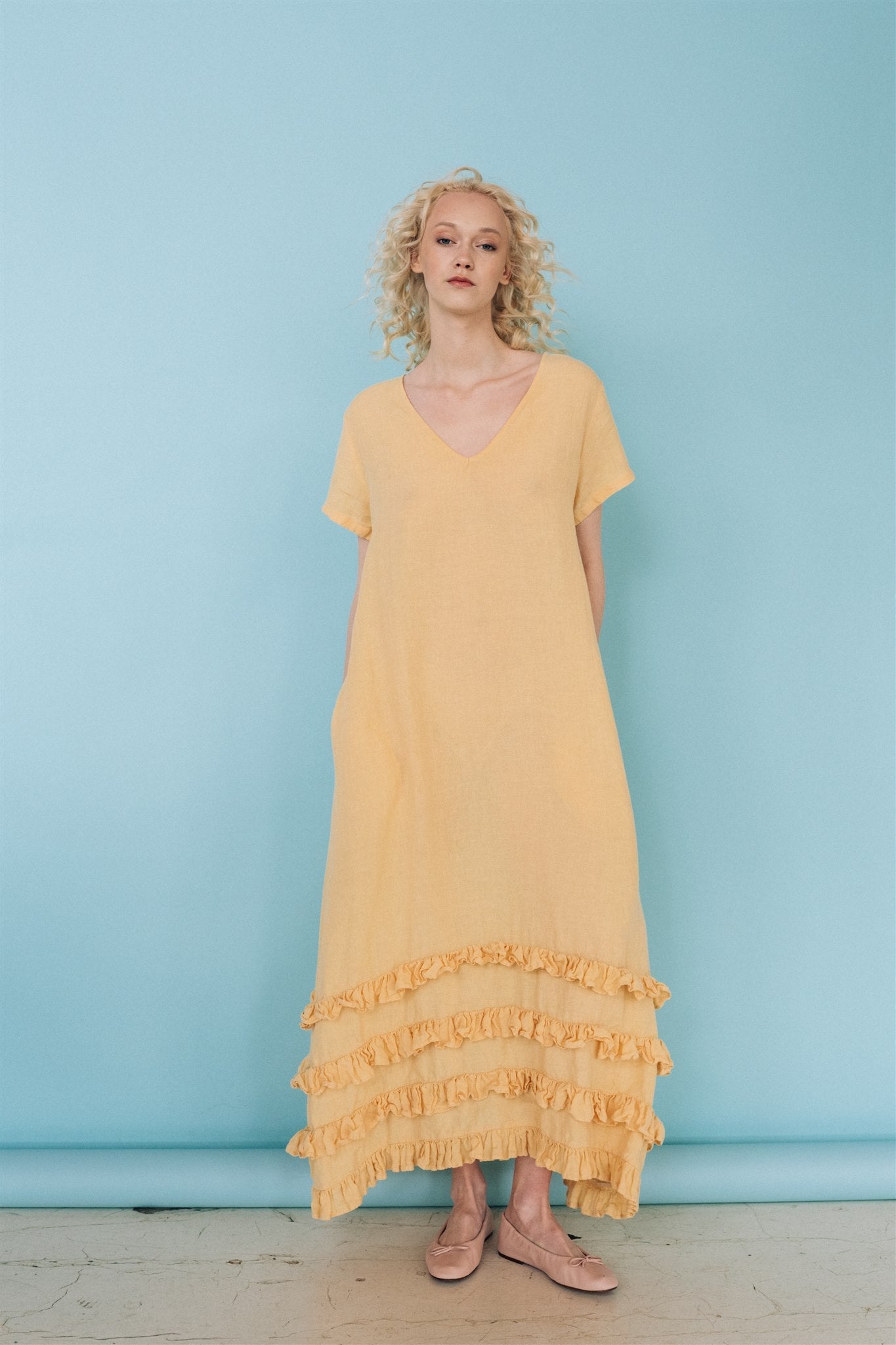 CAROLINE short sleeves maxi dress butter yellow - MOO Linen Shop