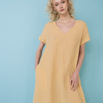 CAROLINE short sleeves maxi dress butter yellow - MOO Linen Shop