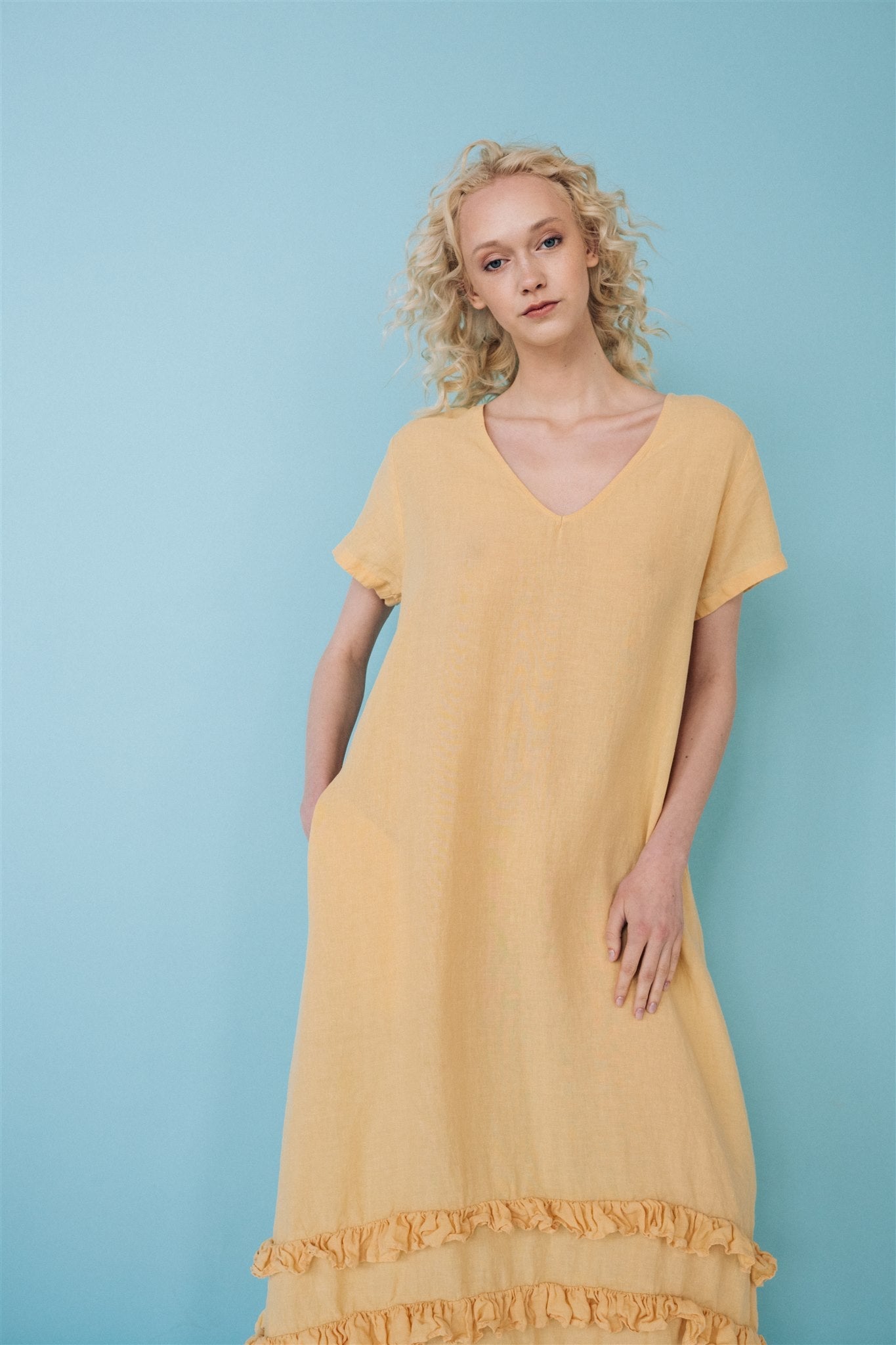 CAROLINE short sleeves maxi dress butter yellow - MOO Linen Shop