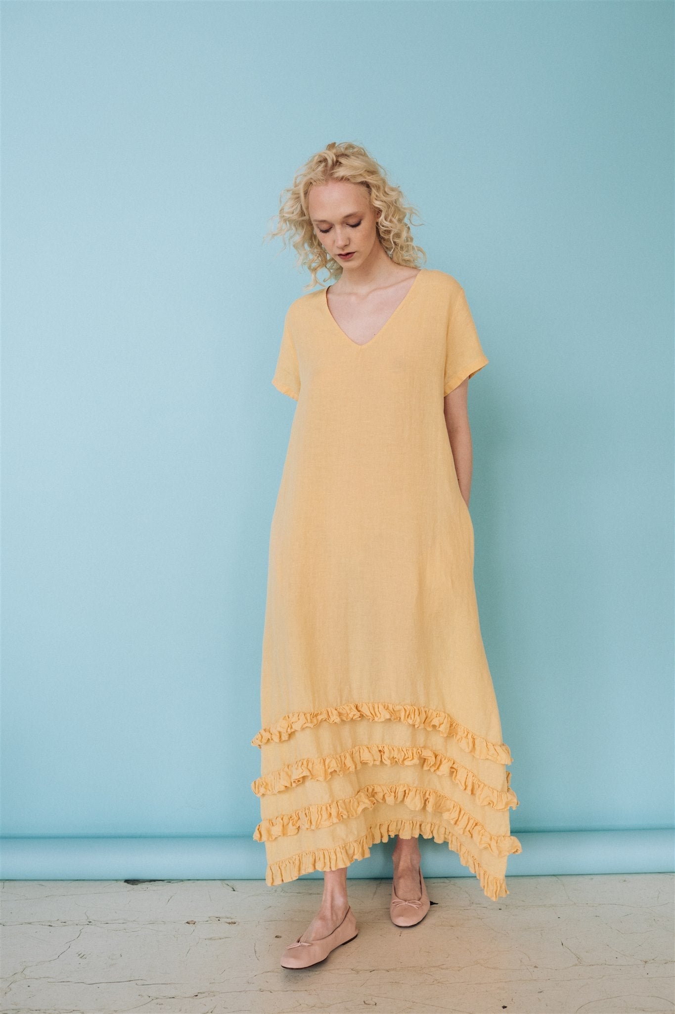 CAROLINE short sleeves maxi dress butter yellow - MOO Linen Shop