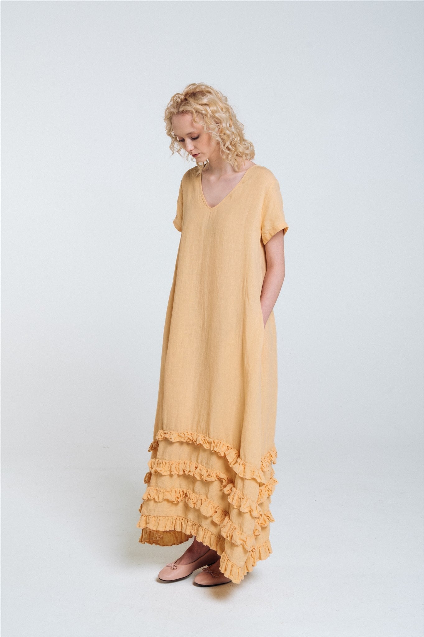 CAROLINE short sleeves maxi dress butter yellow - MOO Linen Shop