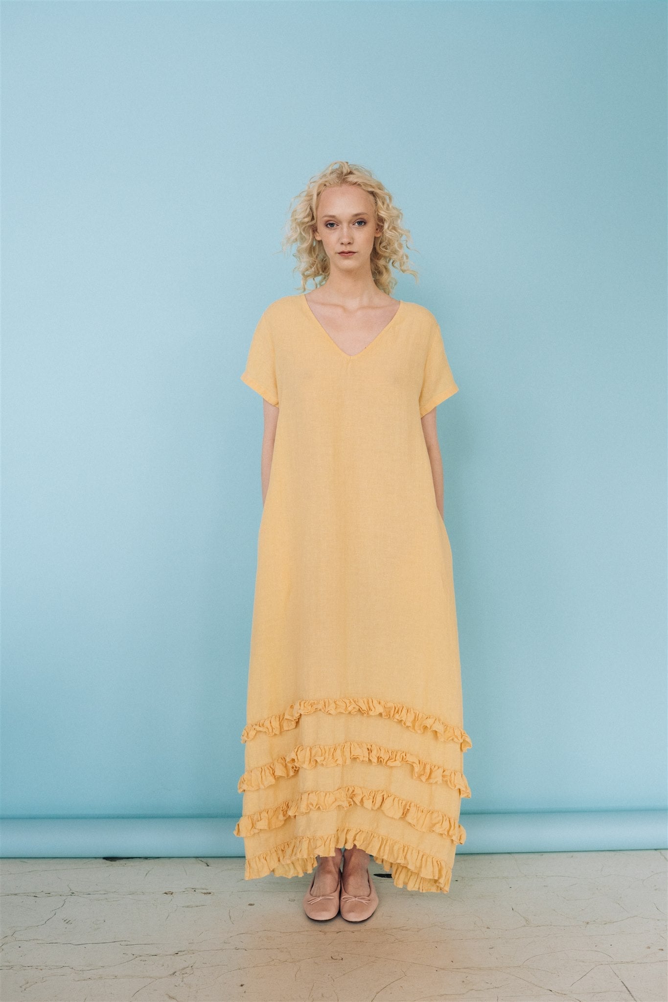 CAROLINE short sleeves maxi dress butter yellow - MOO Linen Shop
