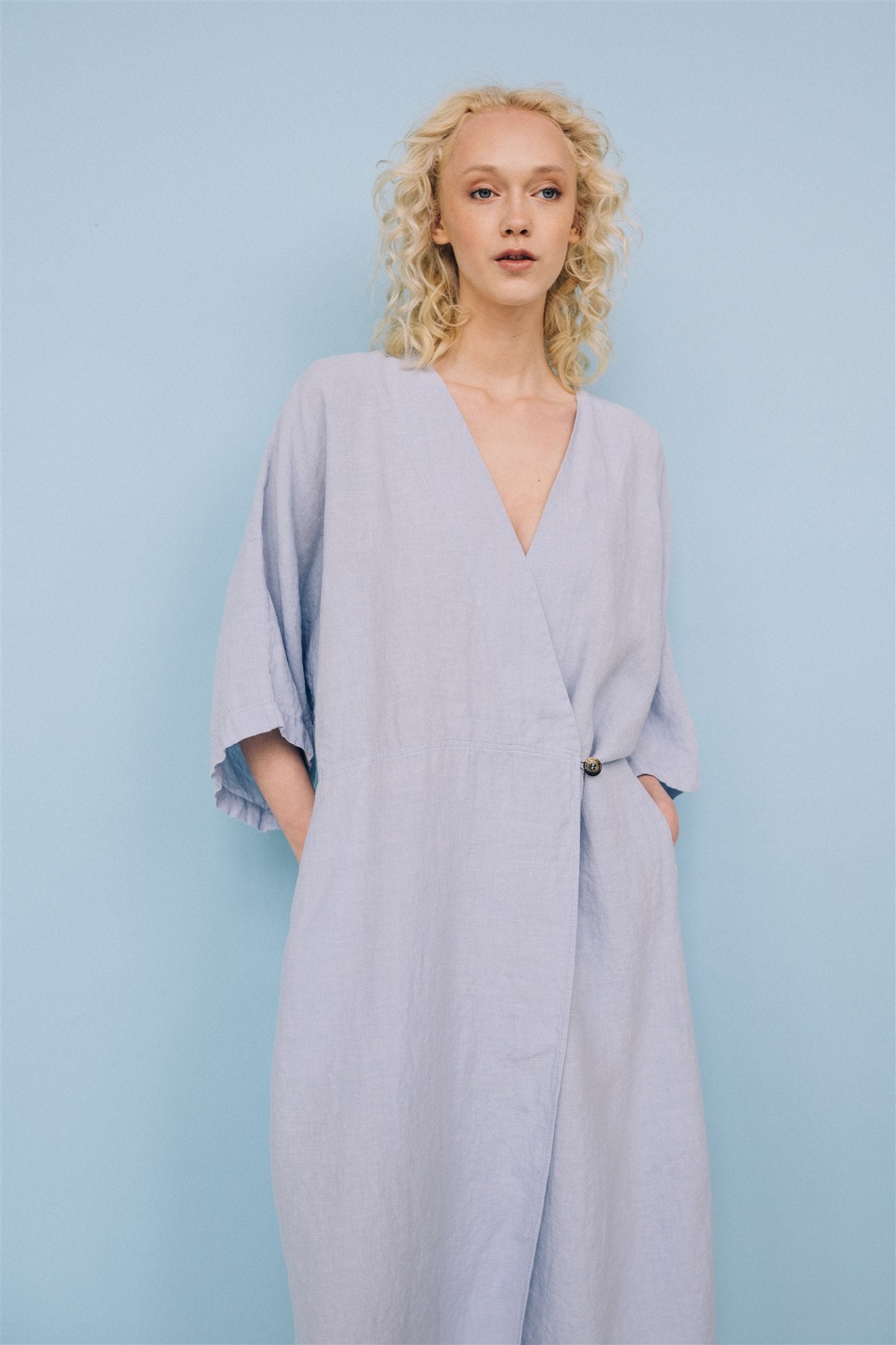 DATE wrap dress blue ice - MOO Linen Shop