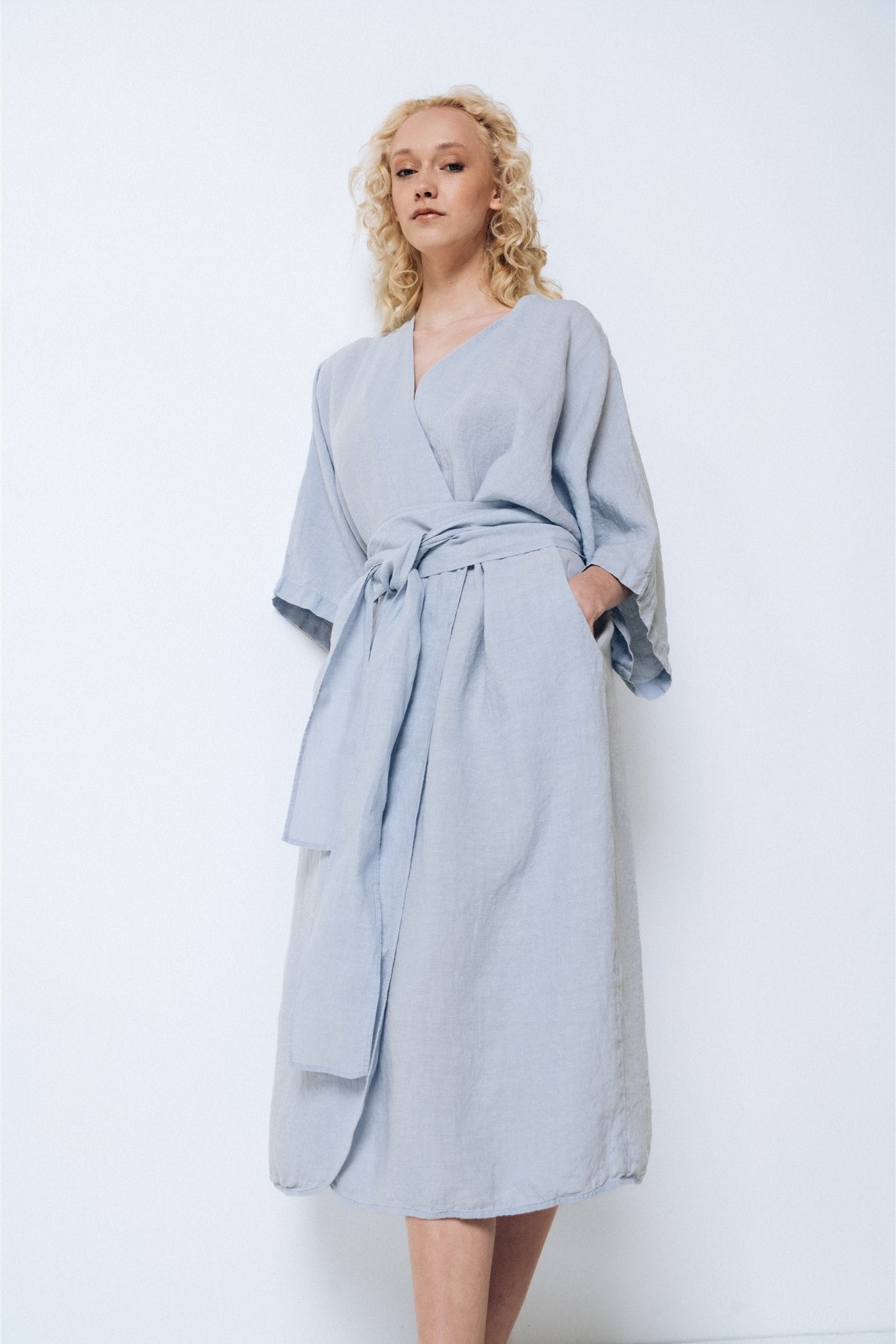 DATE wrap dress blue ice - MOO Linen Shop