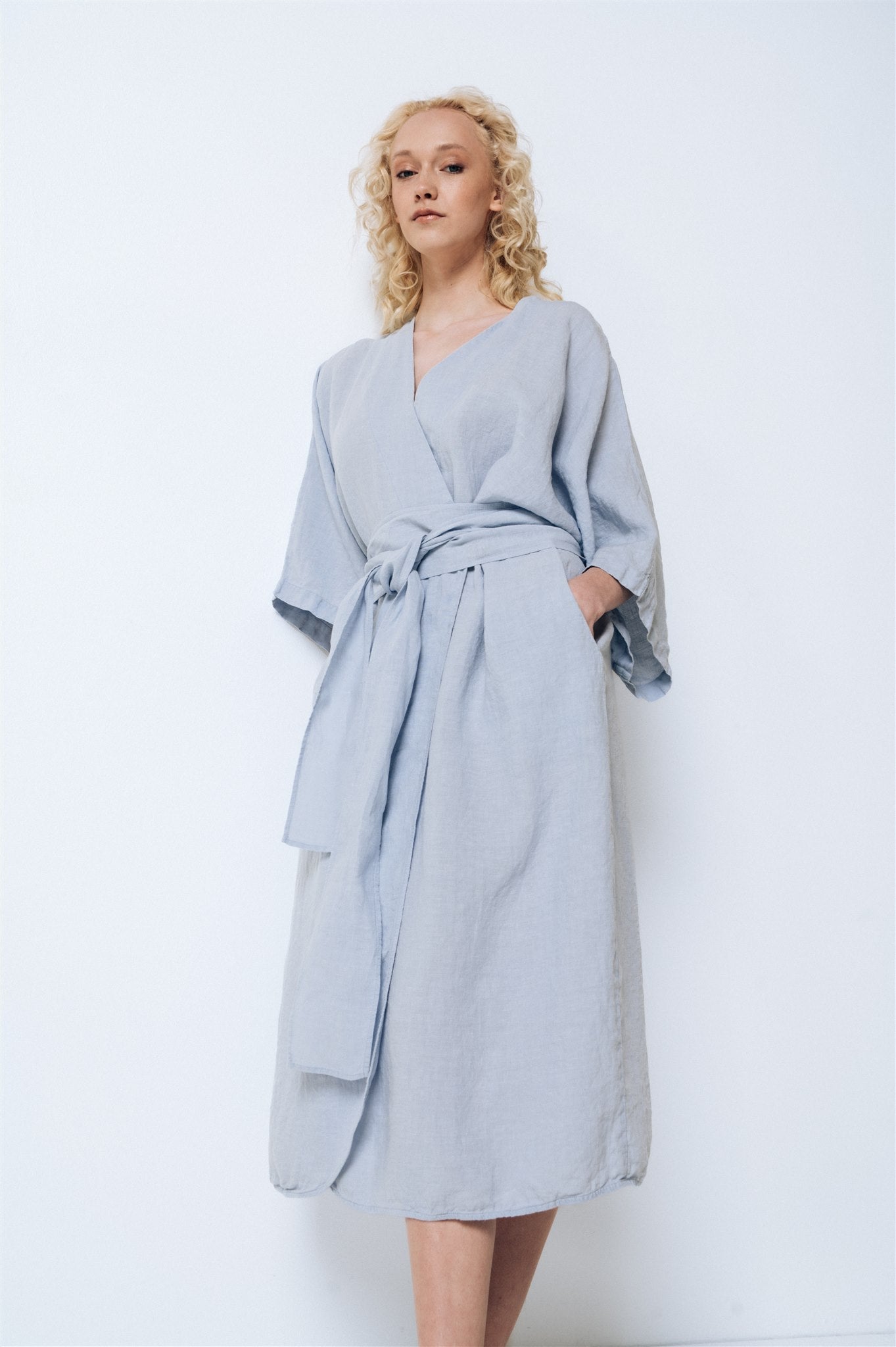 DATE wrap dress blue ice - MOO Linen Shop