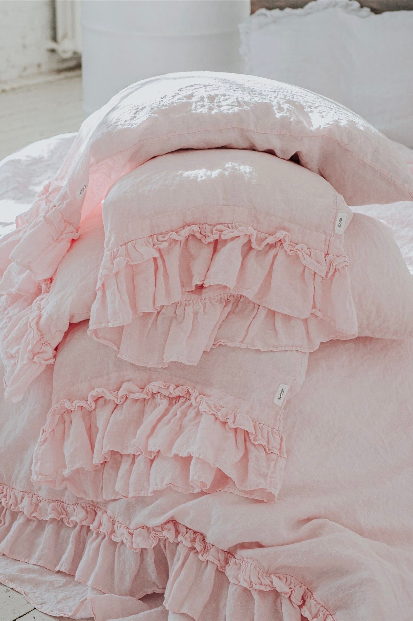 Double ruffle ruffle pillowcase SET white - MOO Linen Shop