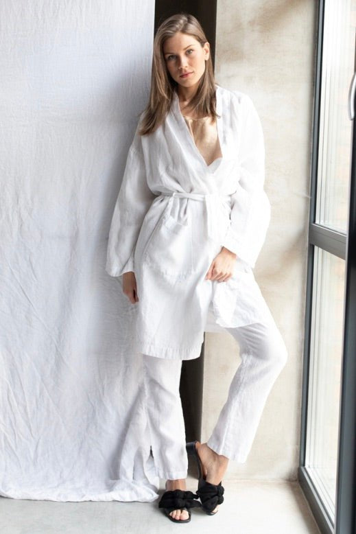 DREAM LONG linen kimono robe cream - MOO Linen Shop