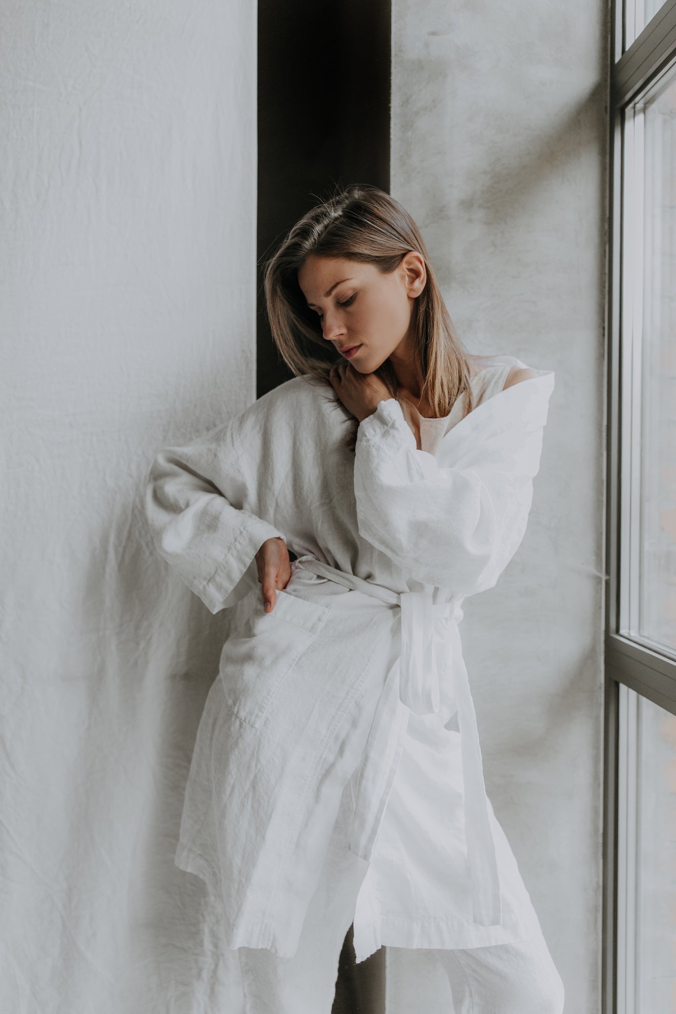 DREAM LONG linen kimono robe cream - MOO Linen Shop