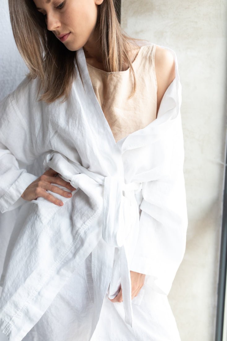 DREAM LONG linen kimono robe cream - MOO Linen Shop